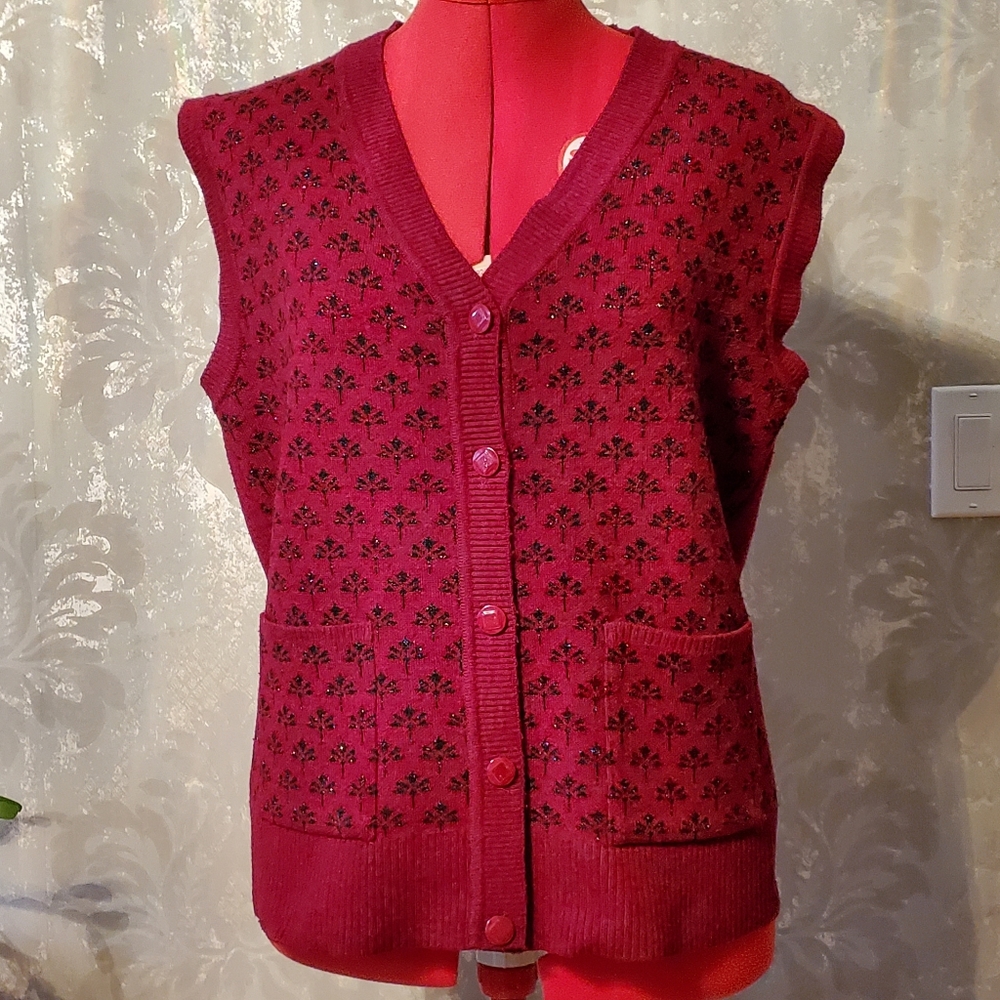 Vintage red knit grandpa sweater vest with metallic thread size medium